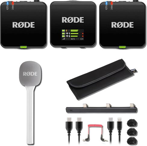 نظام ميكروفون لاسلكي مدمج ثنائي القناة Rode Wireless GO (Gen3) - تسجيل عائم 32 بت، GainAssist، USB‑C/3.5 مم، يتضمن 2X Rode Interview GO، وشاشات أمامية، وكابلات، وحقيبة حمل ومركز شحن in Kuwait
