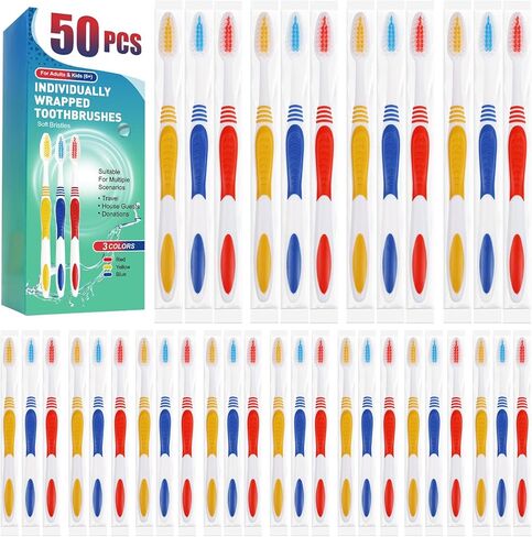 مجموعة فرش أسنان نافونا 50 قطعة مغلفة بشكل فردي، فرشاة أسنان للاستعمال مرة واحدة، فرش أسنان كبيرة للبالغين، فرش أسنان للأطفال، شعيرات ناعمة، مقبض مريح، مثالية للسفر والفندق والتبرع in Kuwait