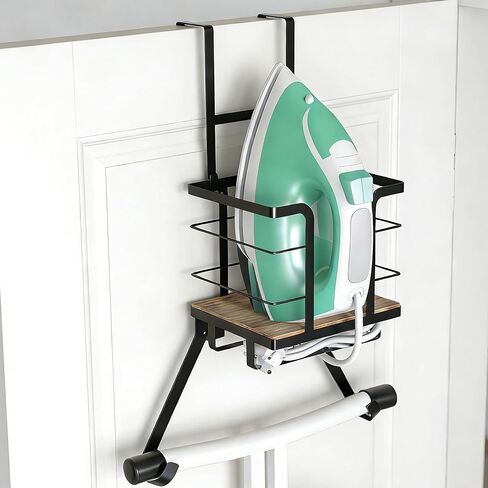 Ironing Board Hanger Wall Mount, Over the Door Iron Board Holder, Wooden & Metal Laundry Room Organizer, Anti-Slip Fence Design, Fits T/Y-Leg, Black in Saudi Arabia