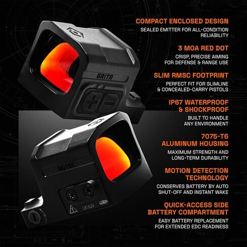GRITR RD1EC Red Dot Sight - RMSc Footprint Compact Pistol Optic، 3 MOA Red Dot، IP67 مقاوم للماء 7075-T6 ألومنيوم، عمر بطارية طويل مع كشف الحركة / إيقاف تلقائي للحمل المخفي in Saudi Arabia