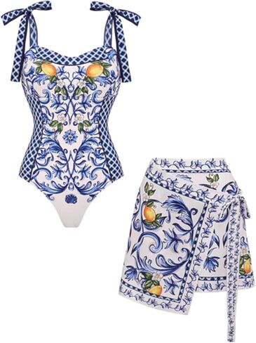 FLAXMAKER Women's One Piece Bowknot Tie Shoulder Adjustable Swimsuit Lemon Printed Swimsuit Skirt/Sarong in Kuwait