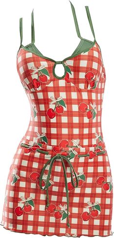 haikyuu Women Retro Cherry Swimsuit Cute One Piece Bathing Suit with Skirt Checkered Y2k Swimwear in Saudi Arabia