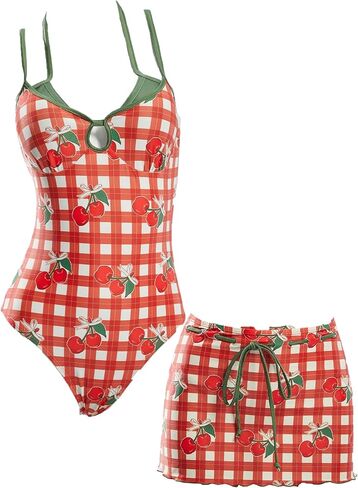 haikyuu Women Retro Cherry Swimsuit Cute One Piece Bathing Suit with Skirt Checkered Y2k Swimwear in Saudi Arabia