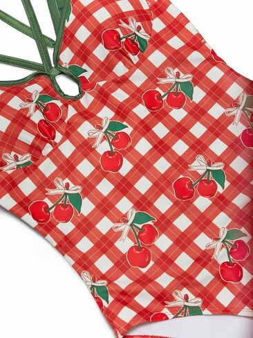 haikyuu Women Retro Cherry Swimsuit Cute One Piece Bathing Suit with Skirt Checkered Y2k Swimwear in Saudi Arabia
