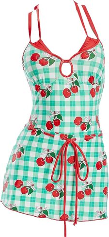 haikyuu Women Retro Cherry Swimsuit Cute One Piece Bathing Suit with Skirt Checkered Y2k Swimwear in Saudi Arabia