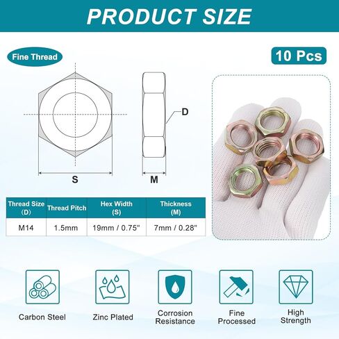 PATIKIL M14x1.5x7mm Steel Hex Nuts, 10Pcs Metric Fine Thread Carbon Steel Finished Hardware Screw Nuts Fasteners for Machinery Manufacturing Industrial Use, 19mm Width Color Zinc in Saudi Arabia
