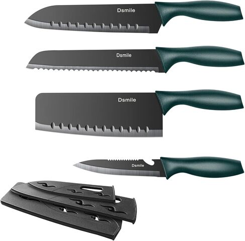 Dsmile 4 PCS Kitchen Knife Set,Black Stainless Steel Knives with Knife Covers,Non-Stick Coated Stainless Steel Blades for Cutting,Slicing & Dicing in Kuwait
