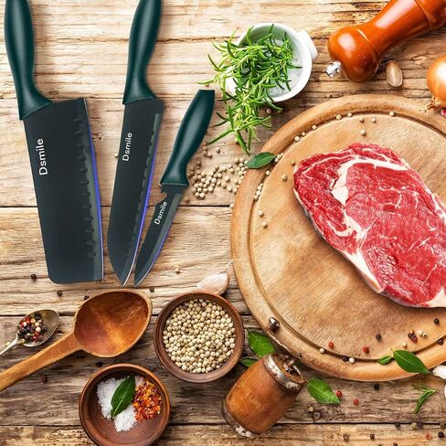 Dsmile 4 PCS Kitchen Knife Set,Black Stainless Steel Knives with Knife Covers,Non-Stick Coated Stainless Steel Blades for Cutting,Slicing & Dicing in Kuwait