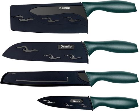 Dsmile 4 PCS Kitchen Knife Set,Black Stainless Steel Knives with Knife Covers,Non-Stick Coated Stainless Steel Blades for Cutting,Slicing & Dicing in Kuwait