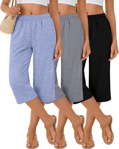 3 Pack Women's Capri Pants Wide Leg Yoga Sweatpants Casual Loose Summer Lounge Workout Cropped Jogger with Pockets in Saudi Arabia