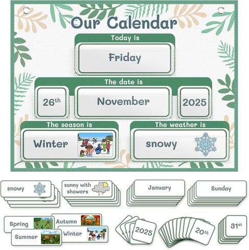 Calendar Pocket Chart with 70 Cards - Large 18.5"x14.5" Wall Calendar 2024-2028 with 2 Storage Pockets, Weather Chart Perfect for Preschool and Homeschool Learning (Rainbow) in Saudi Arabia