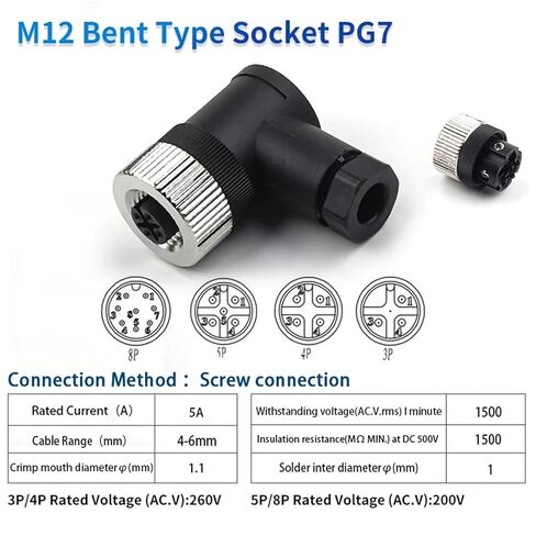 1Pcs M12-PG7 PG9 Socket Connector 3 4 5 8 Pin Straight Bent Male Female Screw Threaded Coupling(PG7 Female Bent,3 Pin) in Saudi Arabia