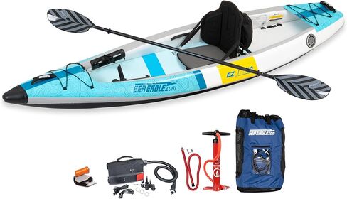 Sea Eagle EZLITE 10 خفيف الوزن، منسوج بالكامل، غرز متدلية، جامد، عالي الأداء، سهل الإعداد، قوارب الكاياك المنفردة القابلة للنفخ بطول 10 بوصات مع حقيبة ظهر، مجداف مقعد ومساند قدم قابلة للتعديل in Kuwait