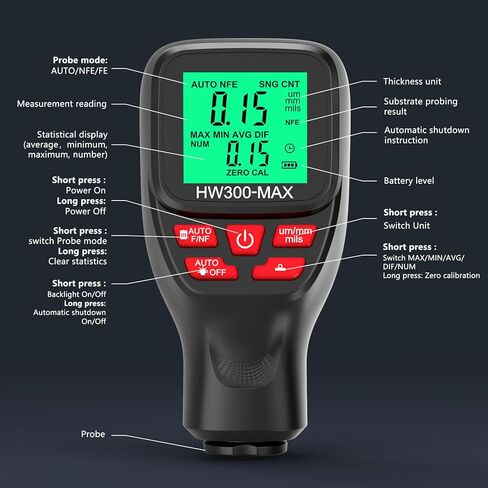 Thickness Industrial, 0-2000UM Paint Thickness, LCD Coating Thickness Meter, 3 Probe Modes, 3 Units Switching, for Steel, Metals, Plastic, Glass, PVC in Saudi Arabia