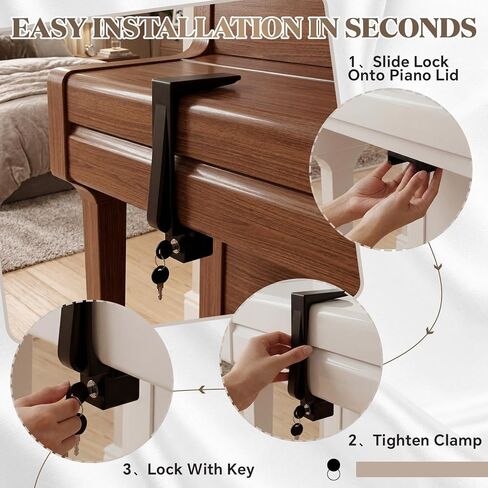 Piano Fallboard Lock, Keyboard Lock with 6.25 Inch Clamp, Keyed Security System with Protective Foam and Adjustable Shims, Easy Install for Home Studio Church in Kuwait