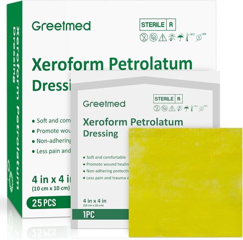 Greetmed Xeroform Petrolatum Dressing 2inx2in 25 حزمة فردية من ضمادات الجروح، وسادات شاش غير ملتصقة للجروح، وحروق السماكة الجزئية، والتمزقات، وترقيع الجلد، والمواقع المتلقية، والجروح المخيطة in Kuwait