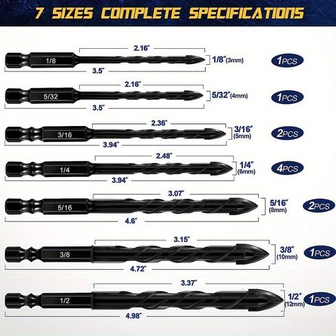 12pcs Masonry Drill Bit Set -High Cobalt Drill Bit Set Size 1/8"" to 1/2"" - for Tile, Glass, Metal, Ceramic, Plastic- for Professionals & DIY Enthusiasts - Ideal Gift for Home Improvement Projects in Saudi Arabia