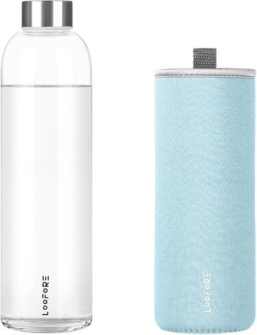 Glass Water Bottles 32 oz, LOOFORE 1 liter Glass Drinking Bottles with Lids, Large Reusable Borosilicate Glass Water Bottle for School Home Office Travel Sport Yoga Gym, 1 Pack (Light Blue, 32 Ounces) in Saudi Arabia