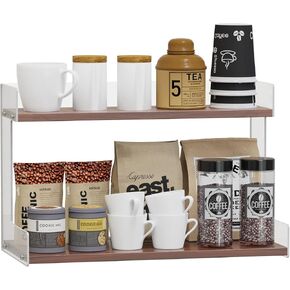 Mug Holder Countertop Coffee Station Organizer, 2 Tier Acrylic Shelf for Coffee Bar Accessories, Multi-Functional Counter Standing Shelf Tea Bags Sugar Condiment Storage Caddy for Kitchen Home Office in Kuwait