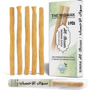 عصا مسواك الإحسان 5 قطع - فرشاة أسنان تقليدية ذات رائحة طبيعية قوية - سواك بيلو مع حامل، سواك محكم الغلق لتنظيف الأسنان والنفس المنعش - مسواك لتنظيف الفم اليومي in Kuwait