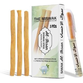 AL-IHSAN Miswak Stick 5 Pieces – Natural Strong Aroma Traditional Toothbrush - Peelu Siwak with Holder, Vacuum-Sealed Sewak for Teeth Cleaning and Fresh Breath - Daily Oral Cleanliness Meswak in Saudi Arabia