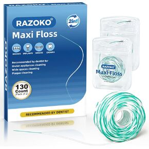 RAZOKO Threader Floss for Braces,Implants,Bridges-130 Count Pre-Measured Strands 2-in-1 Expanding Waxed Dental Floss for Deep Clean,Gentle for Adults & Kids,Light Mint Flavored in Kuwait
