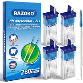 RAZOKO Soft Silicone Interdental Brushes and Dental Picks,Dual-Ended Disposable toothpicks,280 Count,Gentle on Gums,Perfect for Braces,Bridges,Implants & Portable Hygienic Case in Kuwait