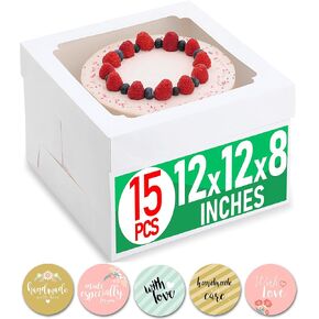 12x12x8 Inch Cake Boxes 20 pcs, Large 12 Inch Cake Box with Window for 8 Inch Tall Tiered Bakery Cakes, Pies, Sturdy Square White Cardboard, Cake Decorating Supplies (80 Pcs Stickers) in Saudi Arabia