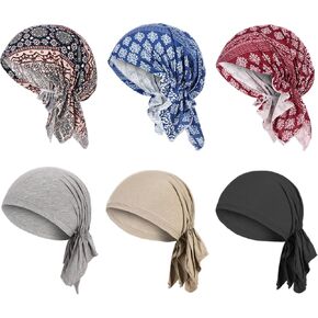 6 Pcs Womens Pre-Tied Head Scarves Slip On Chemo Headwear Turbans Beanie Caps Head Wrap Headscarf Multi in Kuwait