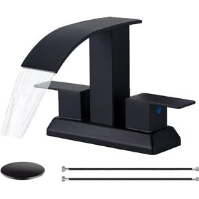 SHACO Black Bathroom Faucet, 4 Inch Centerset Bathroom Faucet 3 Hole, Matte Black 2 Handle Waterfall Bathroom Sink Faucet with Pop Up Drain and Supply Hoses, SC-ZTS004B-NEW in Saudi Arabia