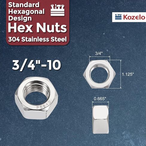 5 قطع صواميل سداسية - [3/4"-10] 304 من الفولاذ المقاوم للصدأ (A2-70) صواميل معدنية ذات خيط خشن قياسي لتثبيت الآلات الهيكلية الثقيلة، لمسة نهائية لامعة، فضي in Kuwait