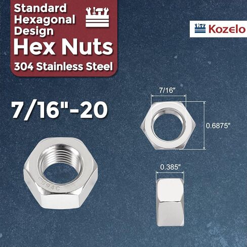 25 قطعة من صواميل سداسية - [7/16"-20] 304 من الفولاذ المقاوم للصدأ 18-8 (A2-70) صواميل للإصلاح والتجميع الميكانيكي، صواميل ذات خيط رفيع قياسي بوصة، لمسة نهائية لامعة، فضي in Kuwait