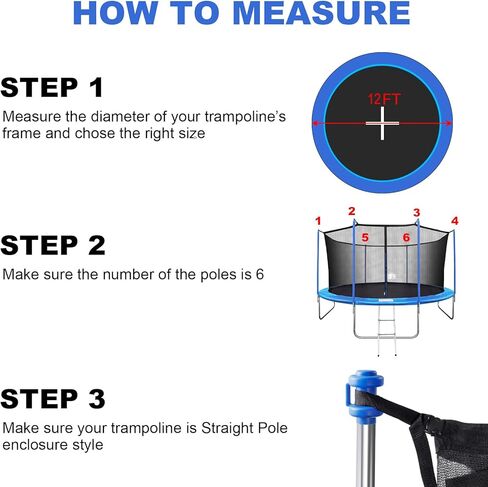 Trampoline Net Replacement with 6 PoleCaps, 12ft 14ft 15 ft Round Frame, Durable and Breathable Trampoline Net with Adjustable Straps, Zippers, Protection Buckles, Black in Kuwait
