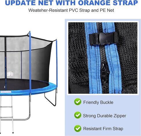 Trampoline Net Replacement with 6 PoleCaps, 12ft 14ft 15 ft Round Frame, Durable and Breathable Trampoline Net with Adjustable Straps, Zippers, Protection Buckles, Black in Kuwait