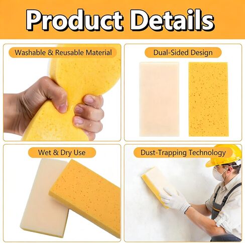 6 Pack Drywall Sanding Sponge，Reusable Drywall Wet Sanding Sponge, 9 x 4.6 x 1.6Inch Dusting Sponge for Smoothing and Finishing Drywall, Walls, and Surfaces (6) in Saudi Arabia