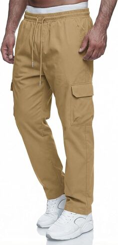 Men's Casual Cargo Pants Workout Joggers Drawstring Chino Cargo Sweatpants Hiking Outdoor Twill Sport Long Pants in Kuwait