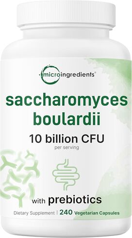 المكونات الدقيقة Saccharomyces Boulardii Probiotics 10 مليار CFU مع البريبايوتكس، 240 كبسولة نباتية | مزيج 2 في 1 من البروبيوتيك والبريبايوتك | وأضاف الأنسولين من جذر الهندباء | غير معدل وراثيًا in Kuwait