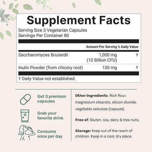 المكونات الدقيقة Saccharomyces Boulardii Probiotics 10 مليار CFU مع البريبايوتكس، 240 كبسولة نباتية | مزيج 2 في 1 من البروبيوتيك والبريبايوتك | وأضاف الأنسولين من جذر الهندباء | غير معدل وراثيًا in Kuwait
