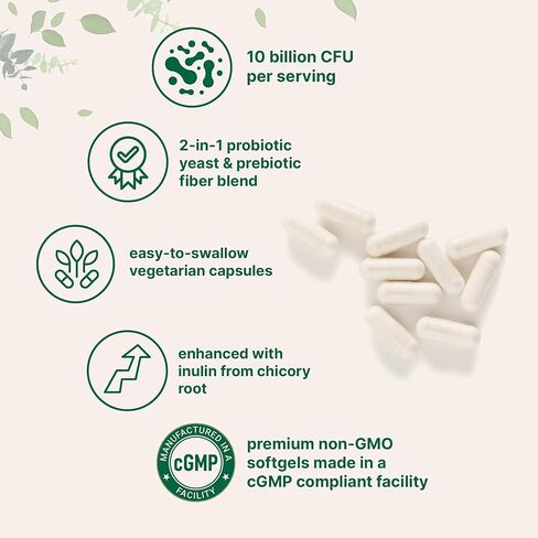 المكونات الدقيقة Saccharomyces Boulardii Probiotics 10 مليار CFU مع البريبايوتكس، 240 كبسولة نباتية | مزيج 2 في 1 من البروبيوتيك والبريبايوتك | وأضاف الأنسولين من جذر الهندباء | غير معدل وراثيًا in Kuwait