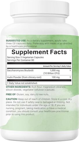 المكونات الدقيقة Saccharomyces Boulardii Probiotics 10 مليار CFU مع البريبايوتكس، 240 كبسولة نباتية | مزيج 2 في 1 من البروبيوتيك والبريبايوتك | وأضاف الأنسولين من جذر الهندباء | غير معدل وراثيًا in Kuwait