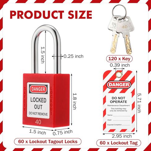 MorningRo 60 مجموعة من أقفال Tagout للقفل مع 60 علامة قفل - قفل أمان Loto مزود بمفتاحين مختلفين لكل قفل، أقفال حمراء لمحطات وأجهزة قفل العلامات in Saudi Arabia