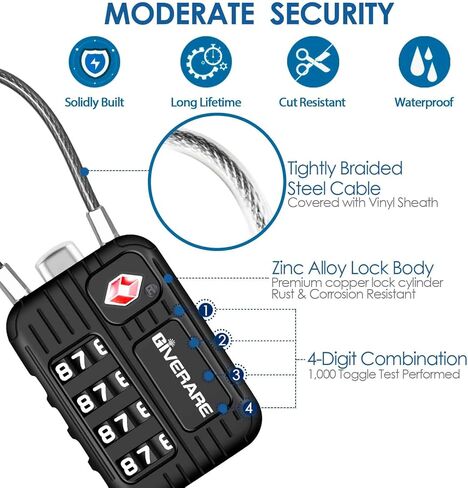 2 حزمة من أقفال أمتعة السفر المعتمدة من إدارة أمن المواصلات الأمريكية، سبيكة قفل مكونة من 4 أرقام، أقفال معدنية بدون مفتاح، قفل مقاوم للطقس معتمد من إدارة أمن المواصلات الأمريكية لخزانة الصالة الرياضية، حقيبة حقيبة الجولف، حقيبة الظهر، أسود من GIVERARE in Kuwait