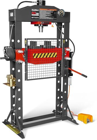 مكبس متجر هوائي/هيدروليكي بإطار على شكل حرف H من MechMaxx 50 طن مع ونش يدوي ومجموعة دبوس ضغط، إطار فولاذي ملحوم بالكامل، حارس أمان، تحكم في دواسة القدم، HSP50 in Kuwait