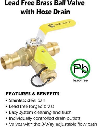 HYDRO MASTER 3/4 بوصة صمام كروي ذو منفذ كامل مع تصريف ومقبض قابل للعكس، نحاس LF، تدفق T 3/4 بوصة، اتصال بالضغط in Kuwait