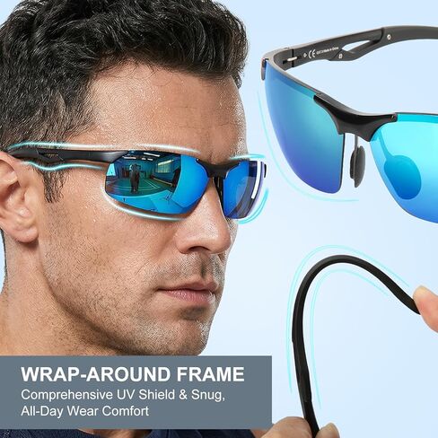 Polarized Anti Glare Sunglasses Men, UV400 Sports Al Wrap Around Design, Scratch/Oil/Saltwater Resistant in Kuwait