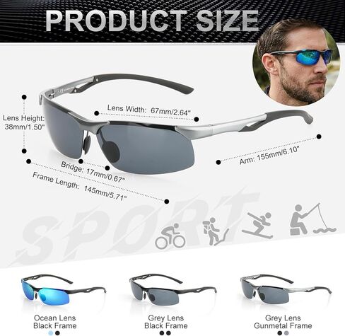 Polarized Anti Glare Sunglasses Men, UV400 Sports Al Wrap Around Design, Scratch/Oil/Saltwater Resistant in Kuwait