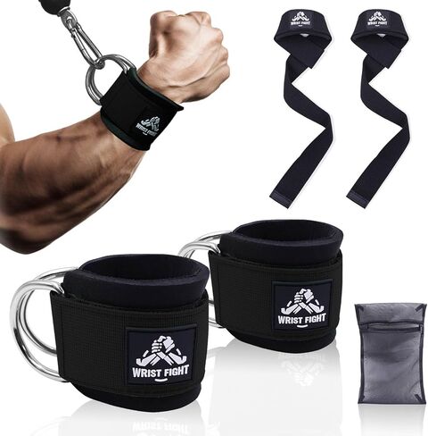 Wrist Cuffs with Dual D-Rings Lifting Straps Set with Mesh Wash Bag - for Cable Machine Workouts, Lateral Raises, Arm Strength Training, Deadlifts in Kuwait
