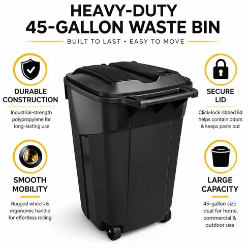 45 Gallon Heavy Duty Trash Can with Wheels and Lid, Outdoor Garbage Can Rolling Waste Bin, Large Plastic Trash Container for Backyard, Garage, Patio, Indoor & Outdoor Use in Saudi Arabia