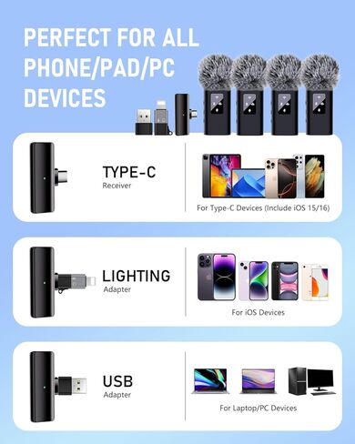 4 ميكروفون لاسلكي Lavalier لأجهزة iPhone Android Phone Pad Computer، ميكروفون Pro Lapel Mini لتسجيل الفيديو Vlog Podcast Stream YouTube TikTok، 48 كيلو هرتز 24 بت، تردد، إلغاء الضوضاء in Kuwait