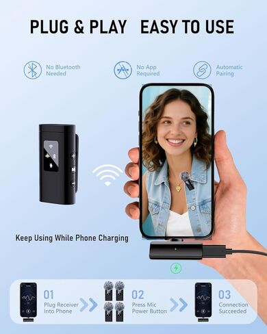 4 ميكروفون لاسلكي Lavalier لأجهزة iPhone Android Phone Pad Computer، ميكروفون Pro Lapel Mini لتسجيل الفيديو Vlog Podcast Stream YouTube TikTok، 48 كيلو هرتز 24 بت، تردد، إلغاء الضوضاء in Kuwait